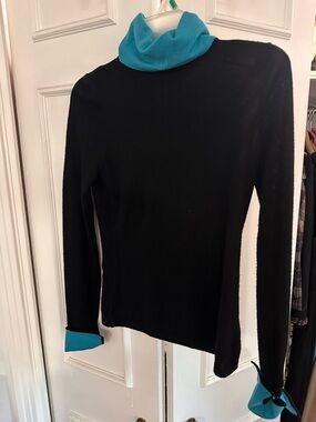 Adrienne Vittadini Black wool turtleneck with Teal Trim